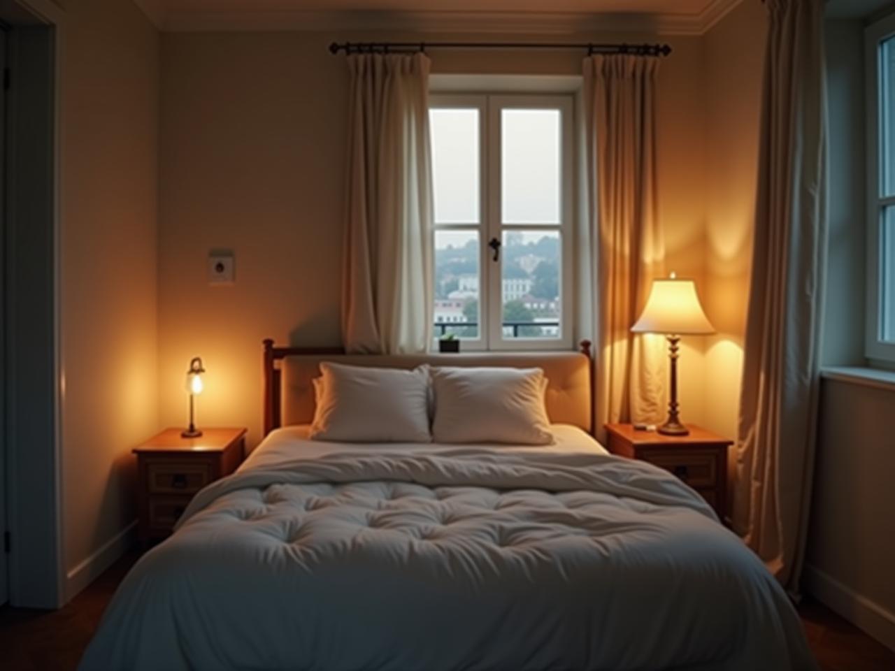 A serene bedroom with soft lighting, promoting a restful and inviting atmosphere for a good nights sleep. Keywords: sleep, bedroom, rest, relaxation, good night, cozy, peaceful.