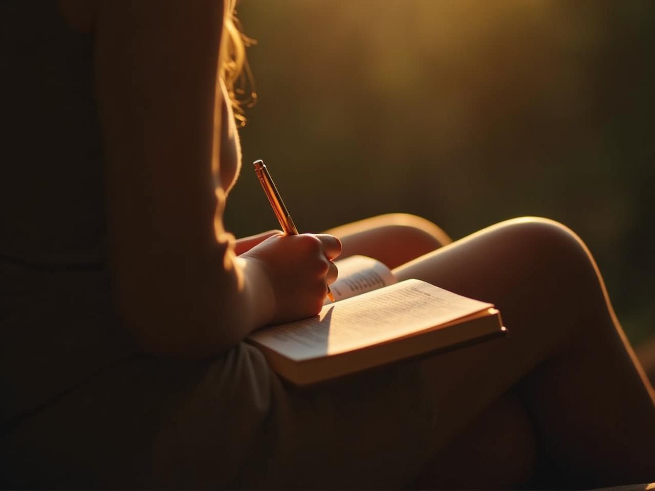 A person sitting in a peaceful setting, writing in a journal with a warm light, symbolizing gratitude and mindfulness.