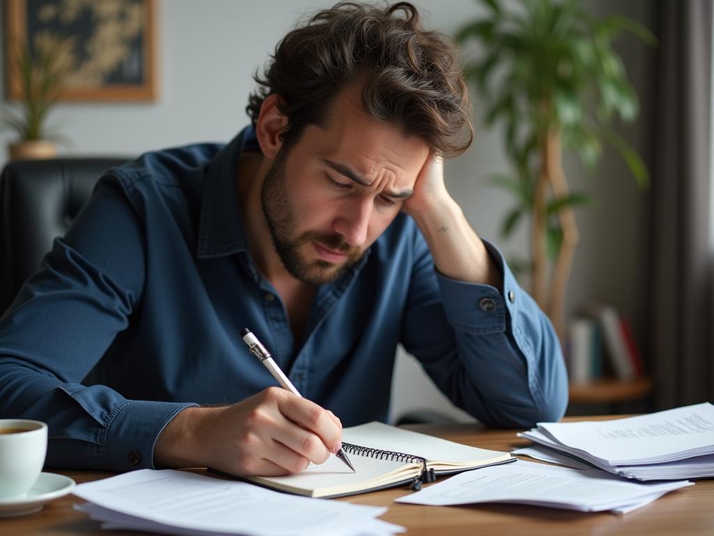 A person sitting at a desk, writing in a notebook with a worried expression on their face. There are scattered papers and a cup of coffee on the desk. The image represents the feeling of being overwhelmed by worries.
