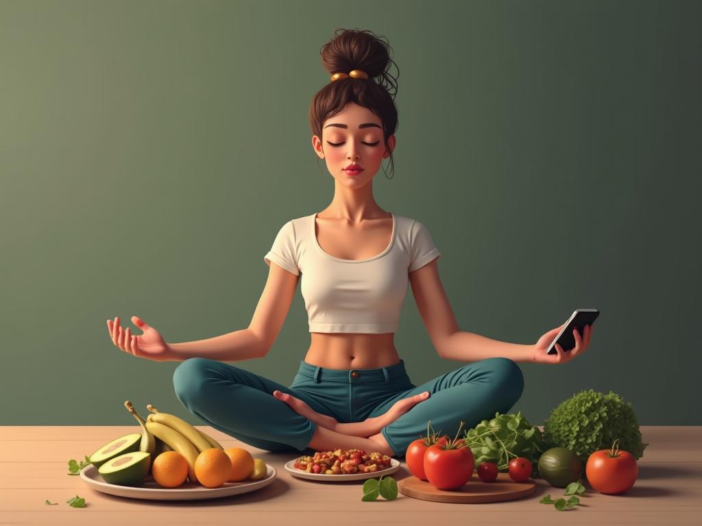 A person meditating with a smartphone and healthy food on the table, symbolizing the balance between technology and self-control.