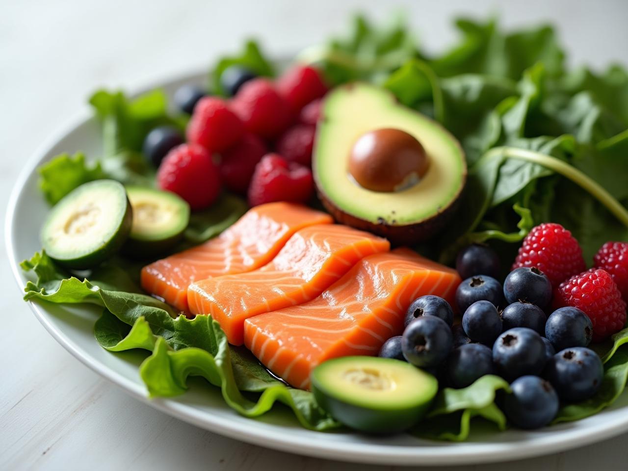A colorful plate of anti-inflammatory foods like salmon, avocado, berries, and leafy greens, illustrating a healthy diet for pain management.