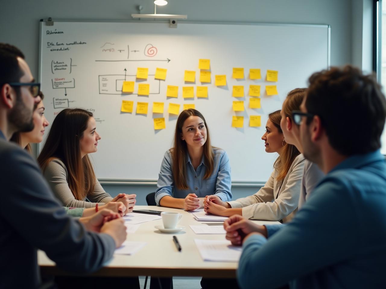 A diverse team brainstorming during a pre-mortem meeting, with sticky notes on a whiteboard listing potential project failures. The atmosphere is collaborative and focused on risk mitigation.
