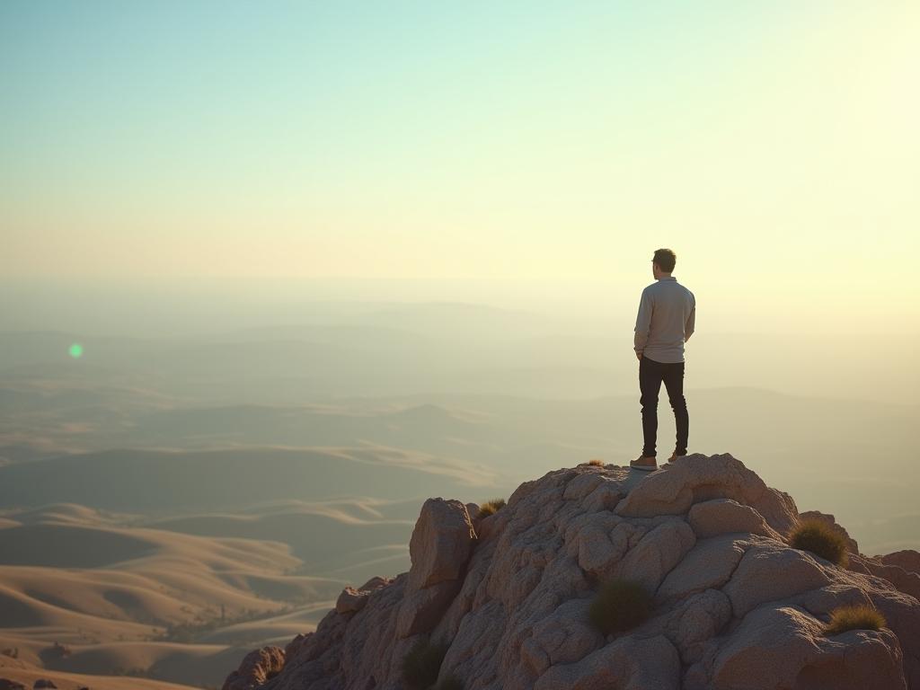 A person standing on a mountain top, looking at a vast landscape, symbolizing freedom and financial independence.