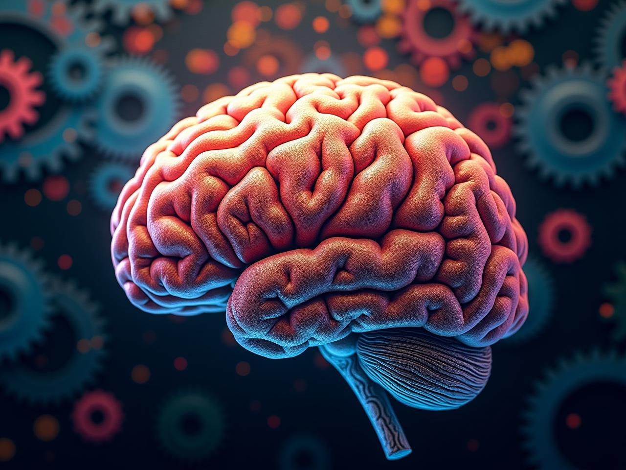 Close up of a brain surrounded by colorful gears representing neural plasticity and cognitive flexibility, inspired by The Brain That Changes Itself by Norman Doidge.