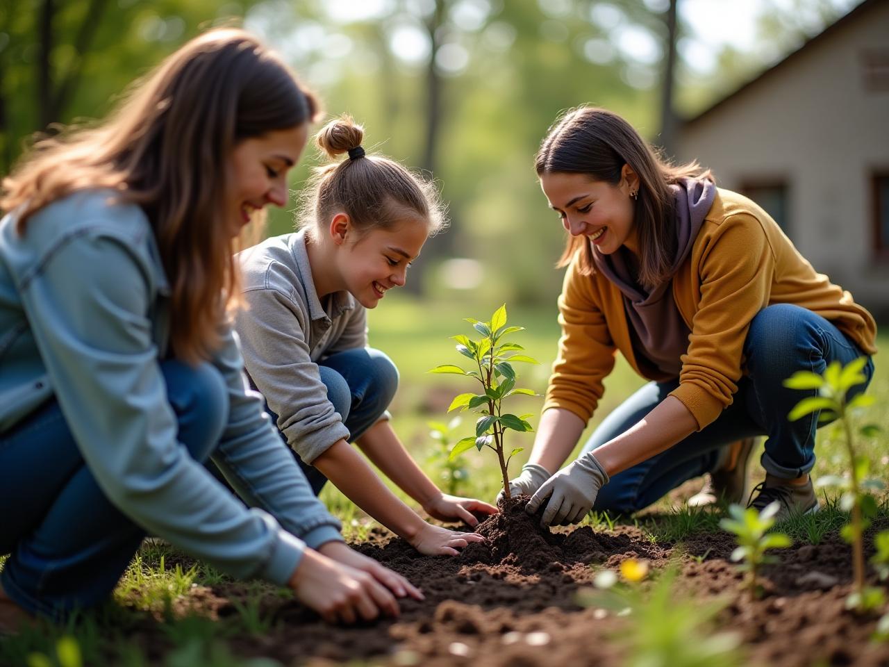 A diverse group of people volunteering together outdoors, planting trees in a community garden, symbolizing giving back and finding meaning through contribution.