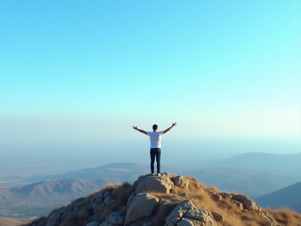 A person standing confidently on top of a mountain, looking out at a vast landscape. The sky is clear and blue, symbolizing clarity and achievement. The image represents the feeling of confidence and overcoming challenges.