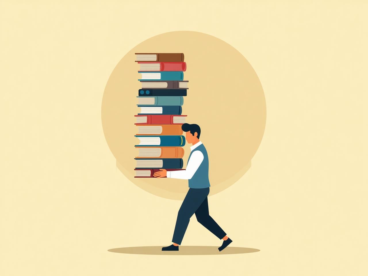 A person easily carrying a large stack of books, symbolizing effortless productivity and efficiency.