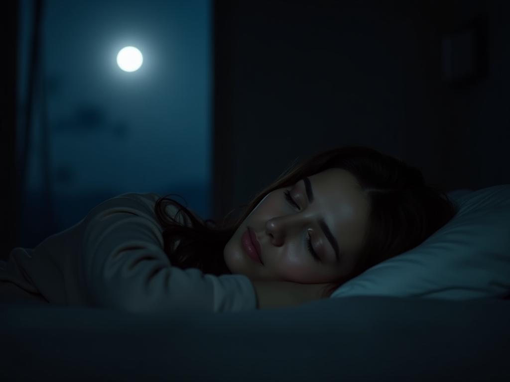 Woman sleeping peacefully in a dark room with moonlight shining through the window. Focus on the womans relaxed face and the cozy atmosphere.