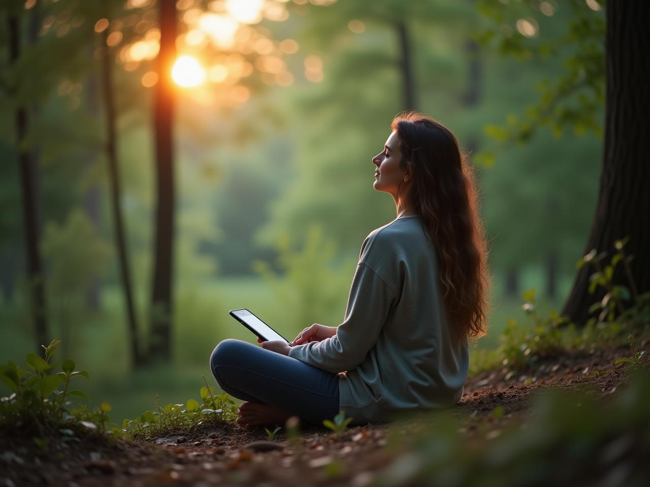 A person resting peacefully in nature, away from digital devices, symbolizing digital detox and increased focus.