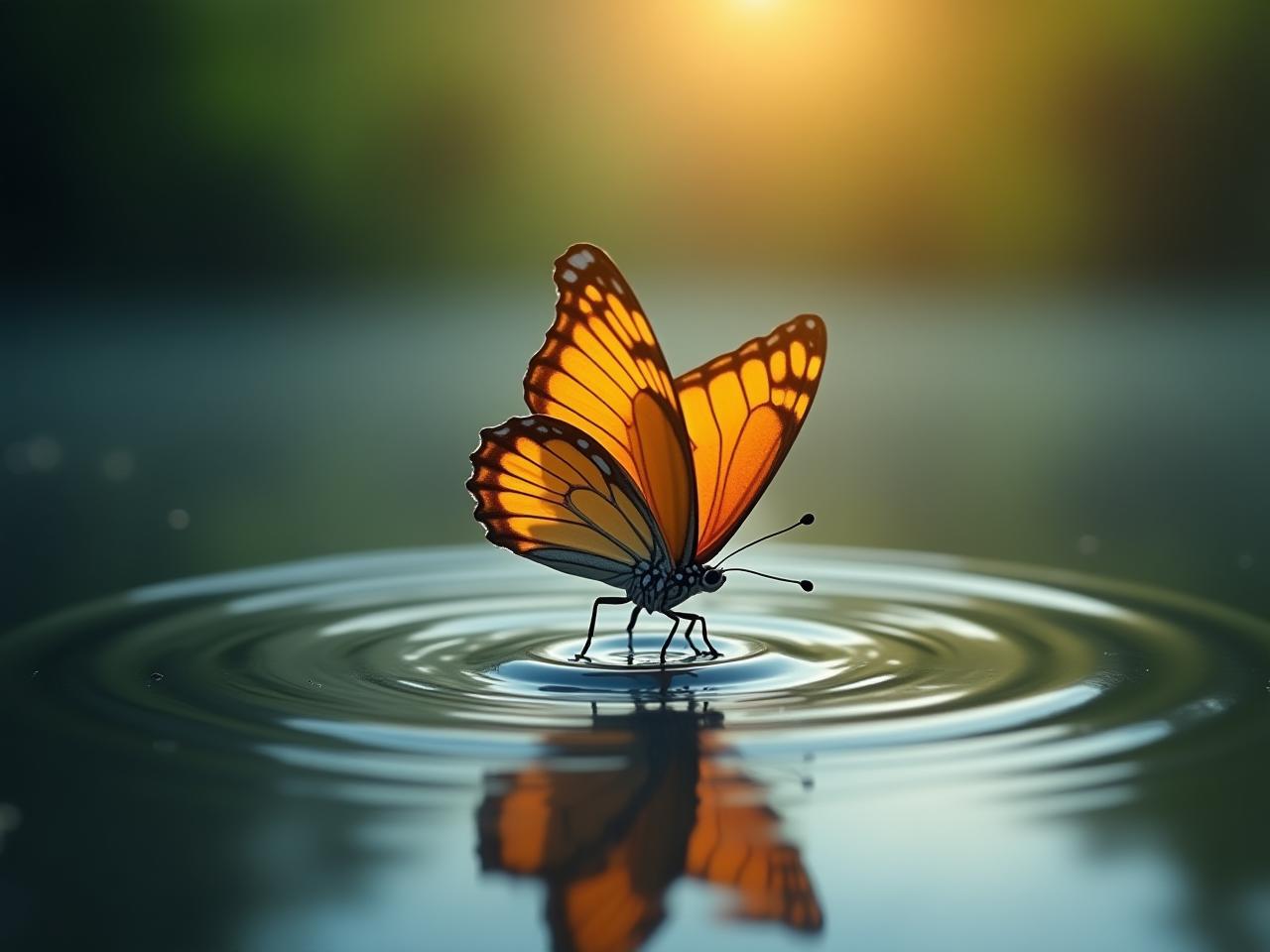 A butterfly flitting its wings, with ripples spreading outwards across a pond, symbolizing the butterfly effect and its impact.