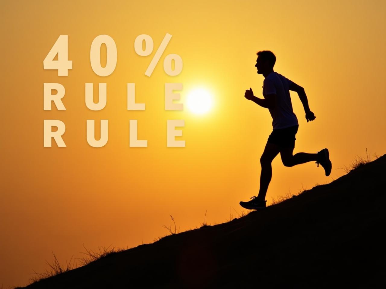 A person running uphill with determination, silhouetted against a bright sunrise. The text 40% Rule - David Goggins is overlaid on the image.