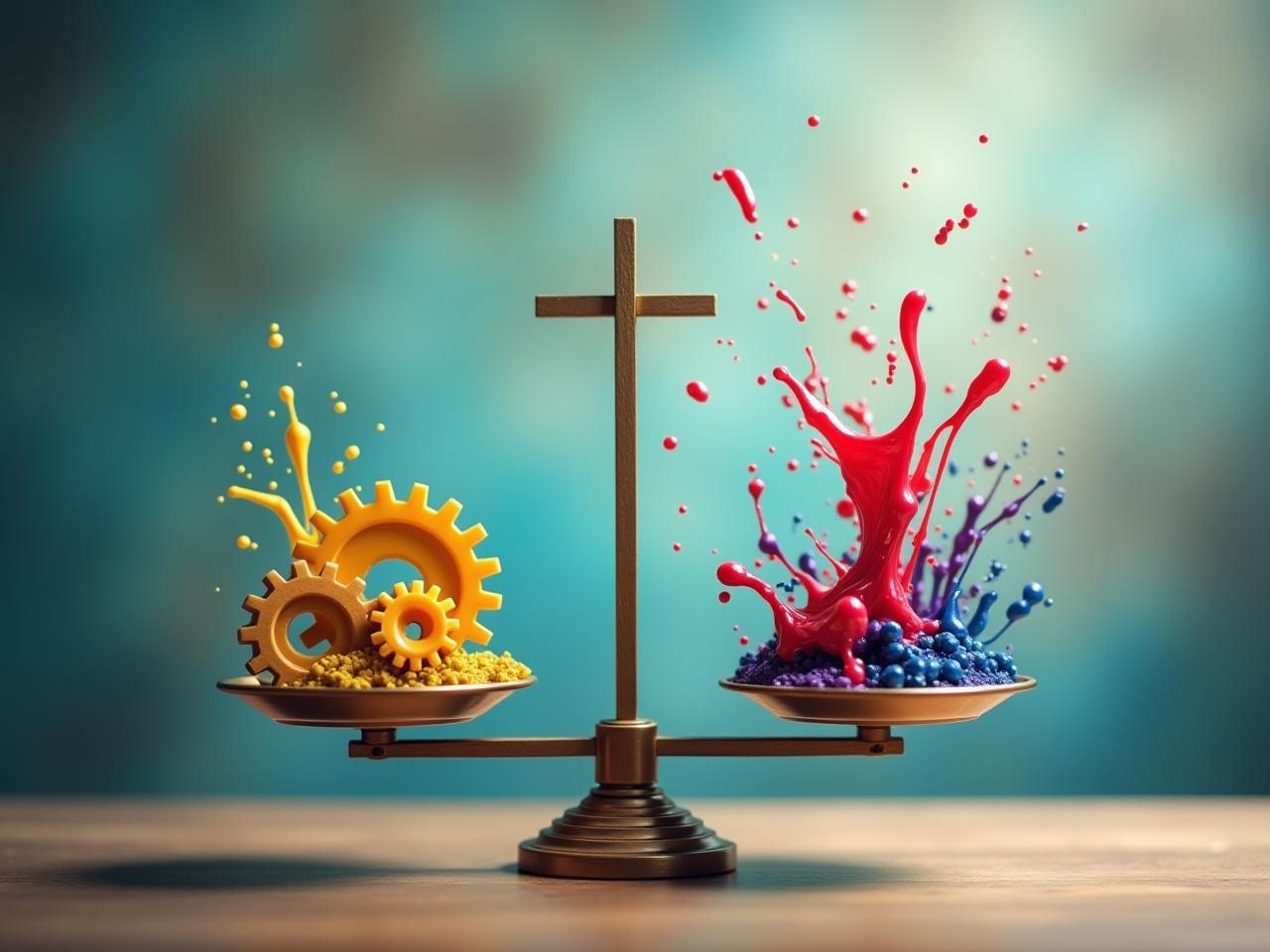 A balanced scale with gears on one side representing planning and colorful, flowing paint on the other side representing spontaneity. The background is blurred, suggesting a dynamic and ever-changing environment.