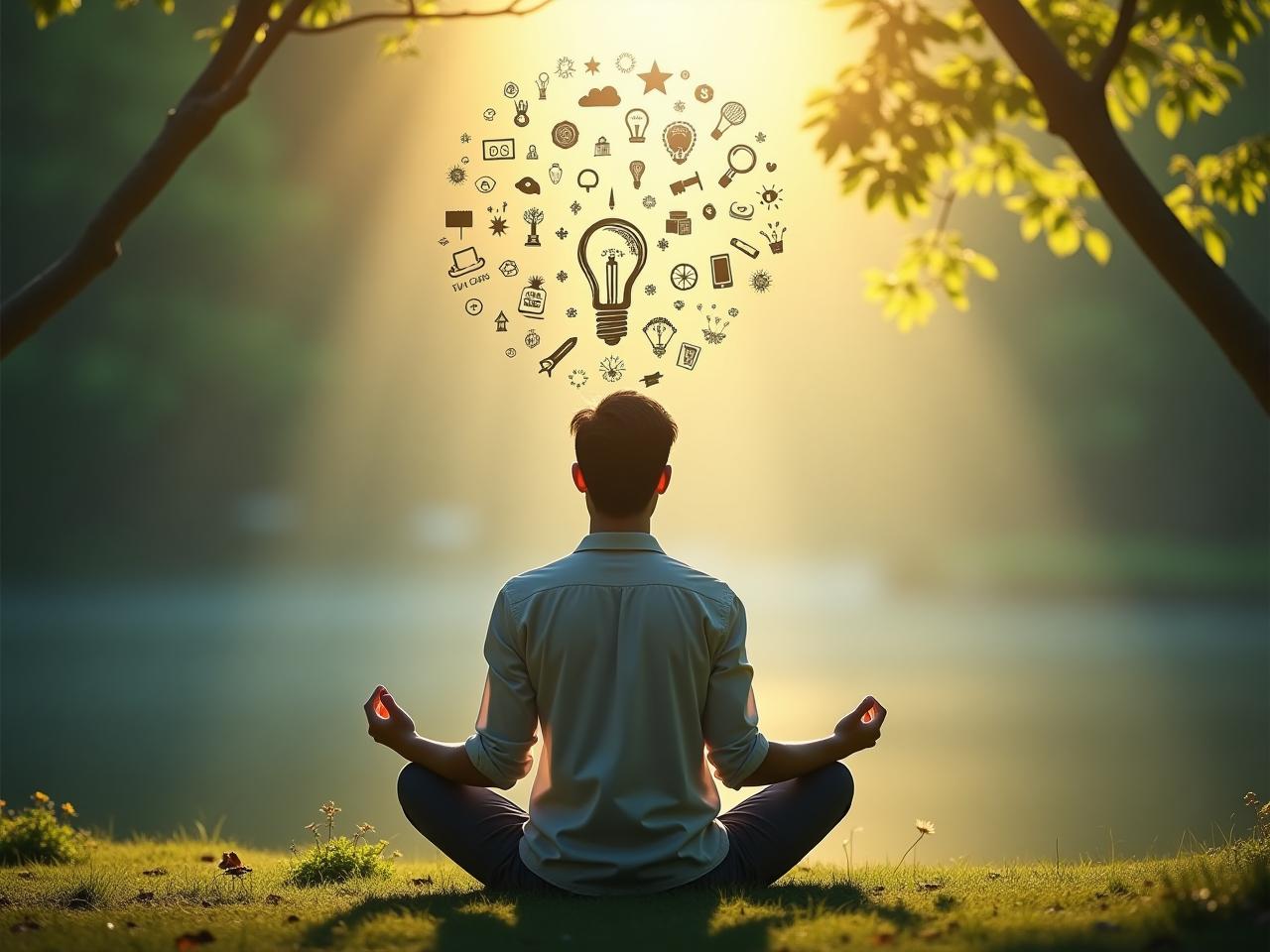 A person meditating in nature with creative symbols floating around their head, representing ideas and inspiration. The scene should convey a sense of peace and openness.