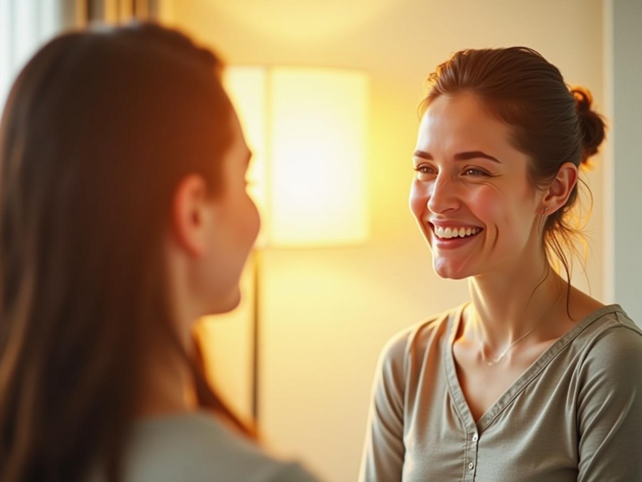 A person looking in a mirror, seeing a more confident and positive reflection of themselves. The background is bright and encouraging, symbolizing the positive change achieved through a positive internal dialogue.