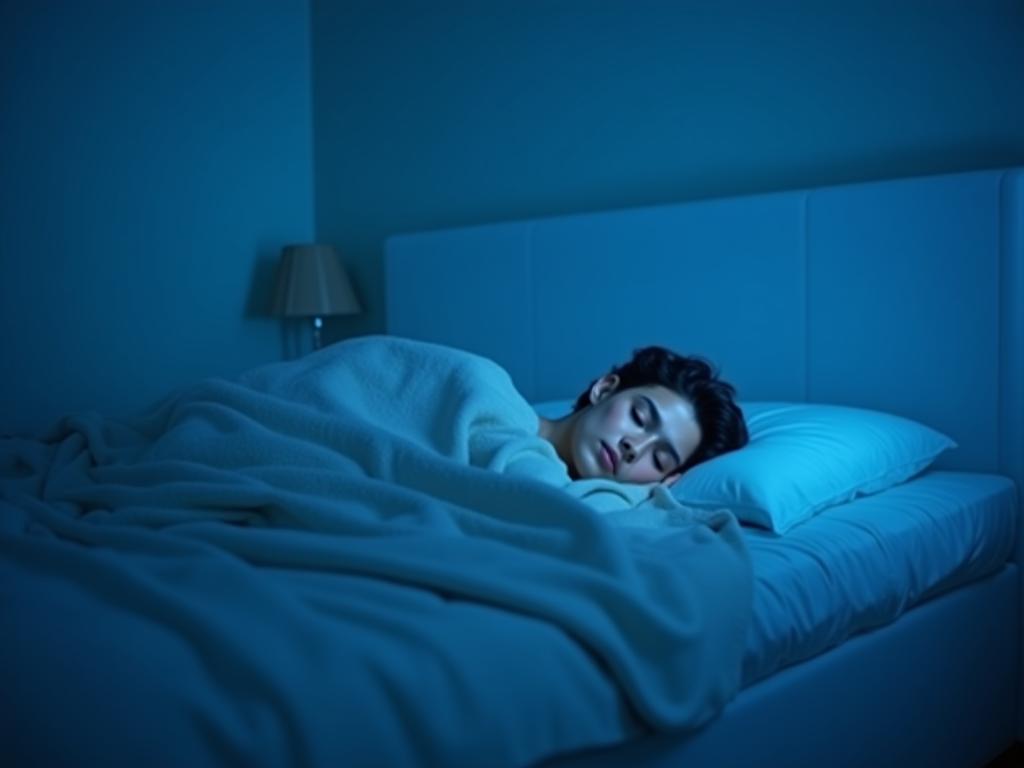A bedroom with cool blue tones, suggesting a comfortable and cool sleeping environment. A person is sleeping peacefully under a light blanket.