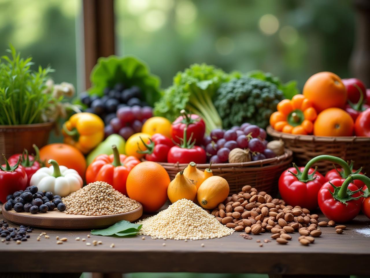 A colorful and inviting photo of a table laden with fresh, whole foods such as fruits, vegetables, whole grains, and nuts. The image aims to evoke a sense of natural abundance, health, and well-being, aligning with the core principles of Michael Pollans food philosophy.