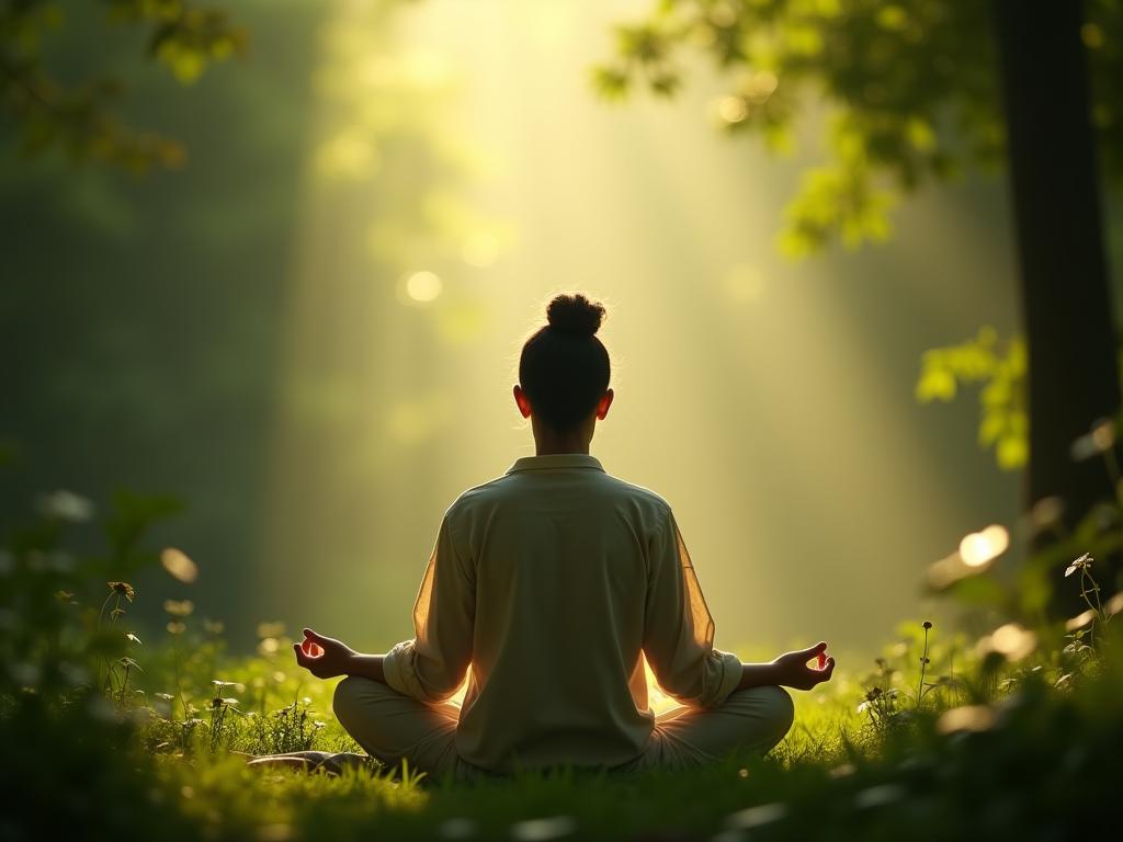 A serene person meditating in nature, surrounded by lush greenery and calming light, illustrating the concept of mindfulness and inner peace.