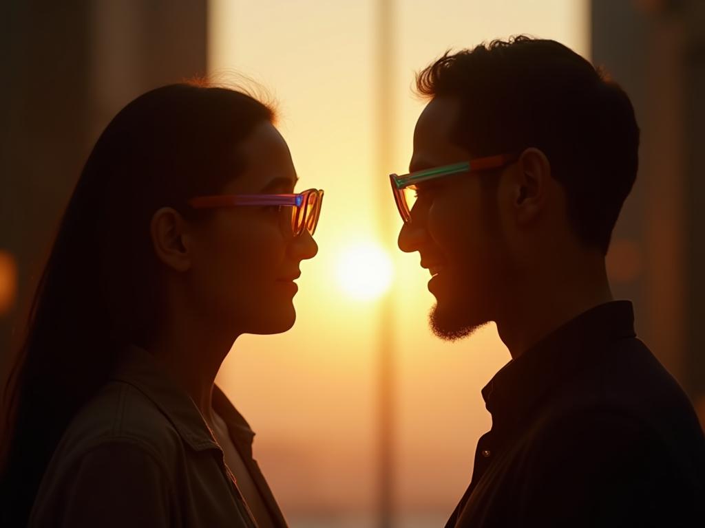 Two people standing face to face, exchanging colorful glasses, with soft and warm light around them. Empathic Understanding, Nonviolent Communication, Perspective Taking Exercise, Bridging Gaps, Human Needs