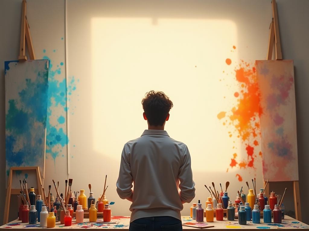 A person standing in front of a blank canvas, surrounded by colorful paints and brushes, looking inspired and determined. The scene is bathed in warm, natural light, symbolizing the spark of creativity. Keywords: creativity, art, inspiration, blank canvas, painting, colors, determination.