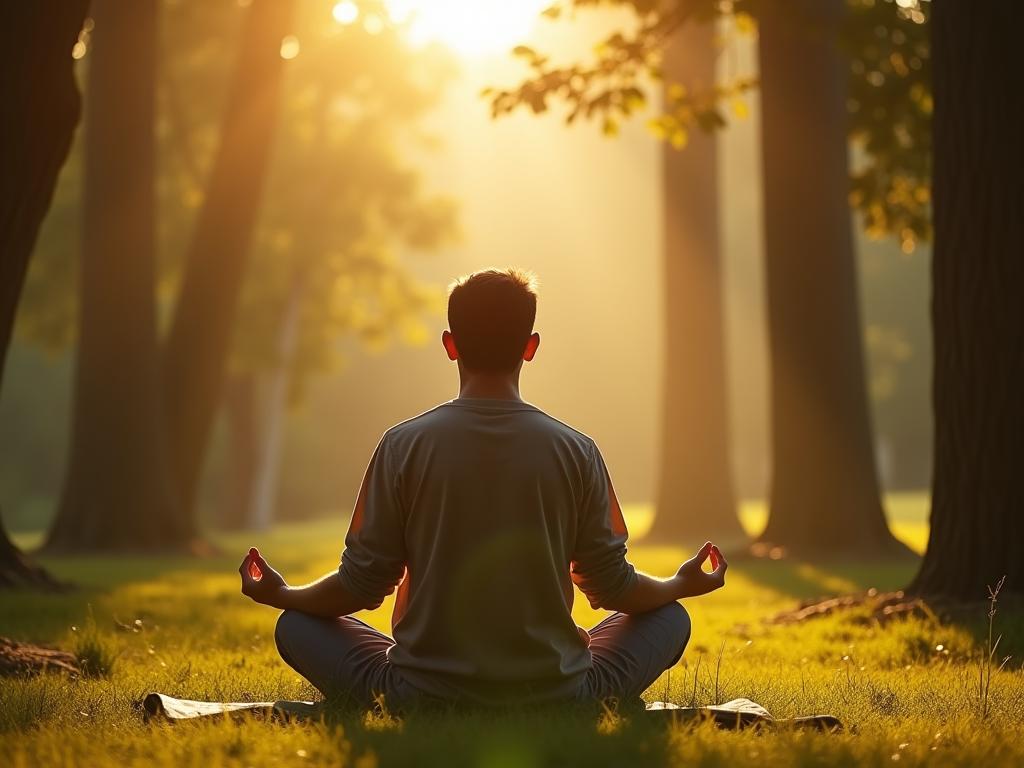 A person meditating in a serene nature setting, surrounded by trees and sunlight, emphasizing mindfulness and inner peace. keywords: meditation, mindfulness, nature, peace, serenity, moment, now, Eckhart Tolle, power of now, acceptance, presence.