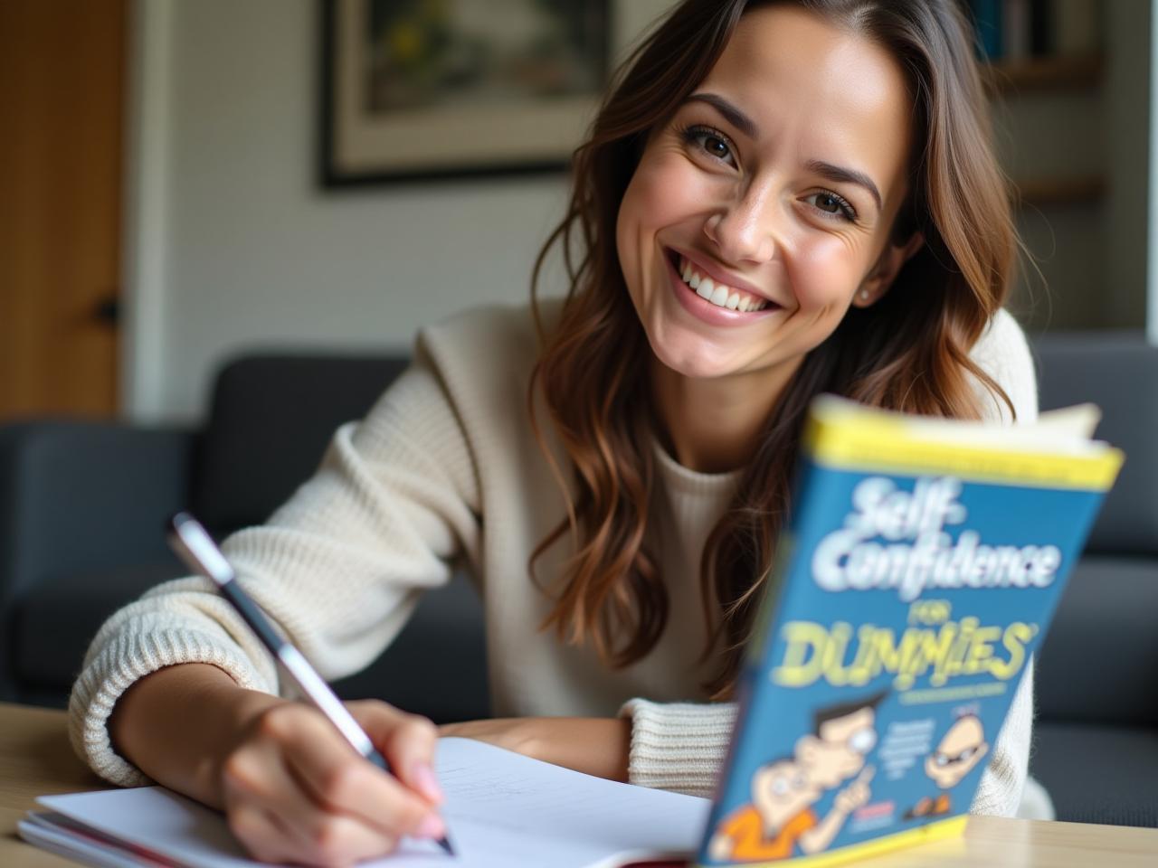 A person writing in a notebook, smiling, with the book Self-Confidence for Dummies visible in the background.