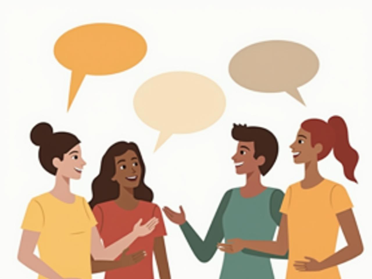 A group of diverse people having a conversation, with speech bubbles representing different communication styles.