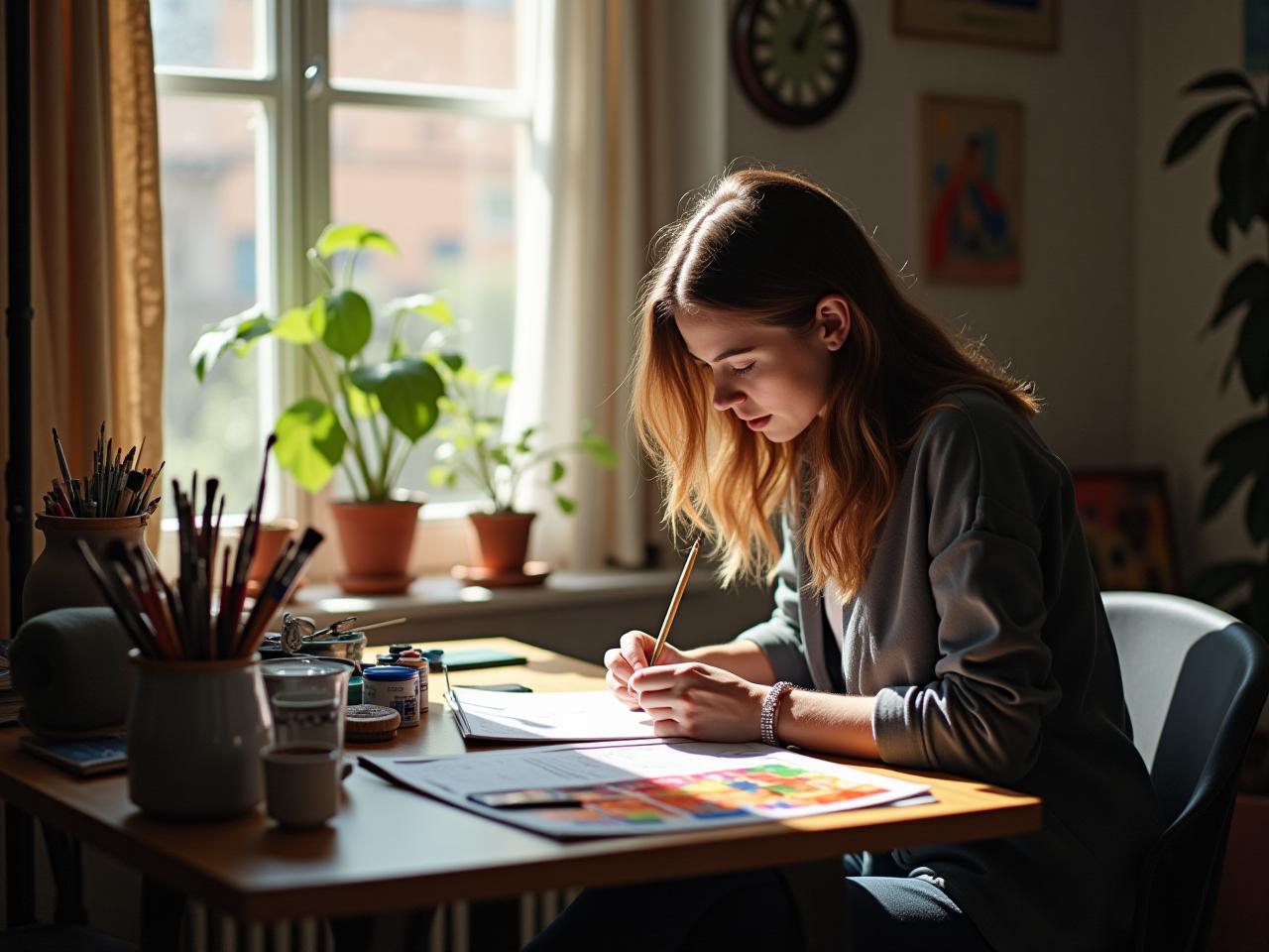 A person sitting at a desk with various art supplies, including paints, brushes, and a sketchbook, suggesting a creative workspace. The scene is brightly lit, symbolizing inspiration and productivity.