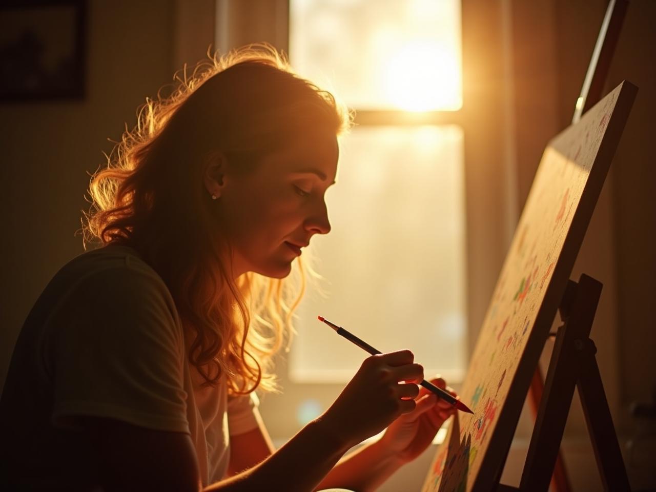 A person deeply focused on a task, perhaps painting or writing, with sunlight streaming in, symbolizing the state of flow. Keywords: flow state, Mihaly Csikszentmihalyi, deep focus, productivity, happiness, creativity.
