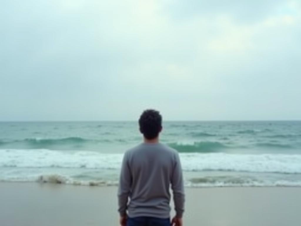 A person standing on a beach looking out at the ocean with a calm expression. The sky is slightly overcast, suggesting a peaceful acceptance of the unknown.