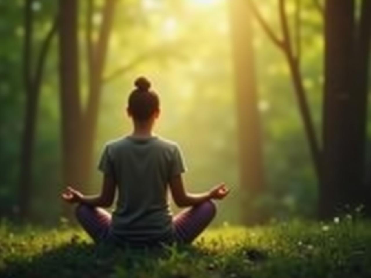 A person meditating with their hands resting on their knees. The background is a blurred image of a peaceful forest, symbolizing inner peace and the mindful approach to pain management.