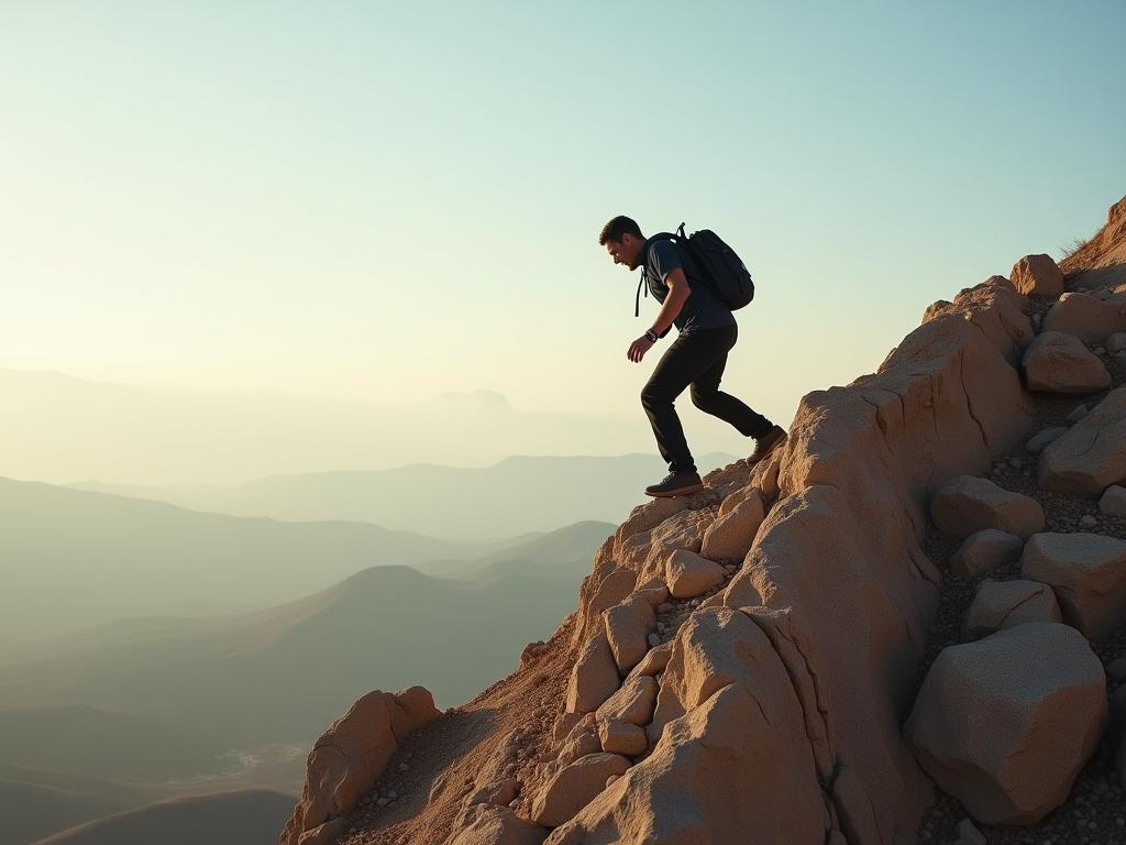 Person climbing a mountain, symbolizing overcoming obstacles and building resilience.