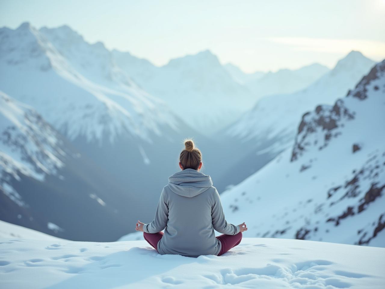 A person meditating in a snowy mountain landscape, breathing deeply, symbolizing the Wim Hof Method.
