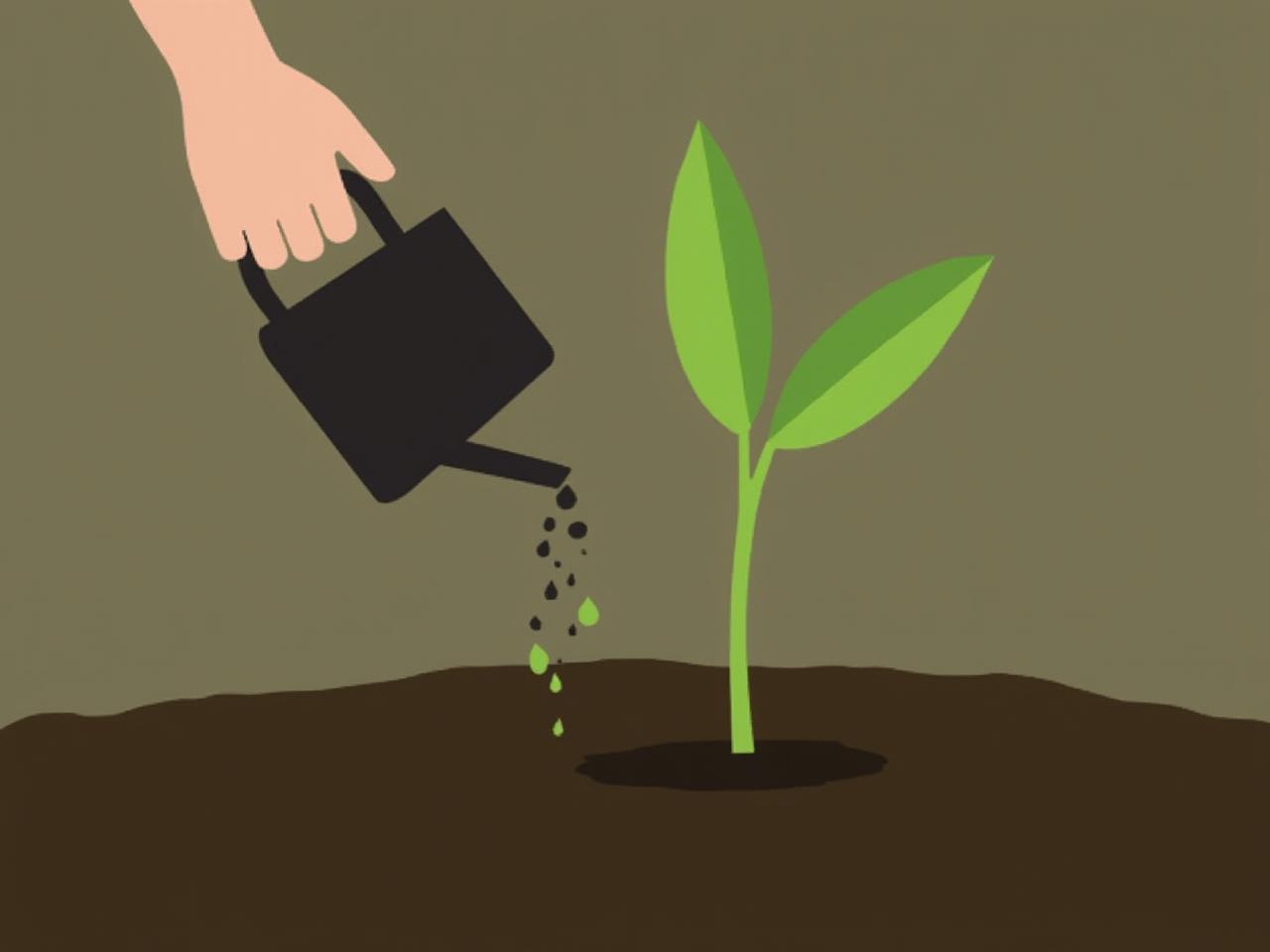 A person patiently watering a small plant seedling, symbolizing long-term investment and growth, inspired by The Psychology of Money.