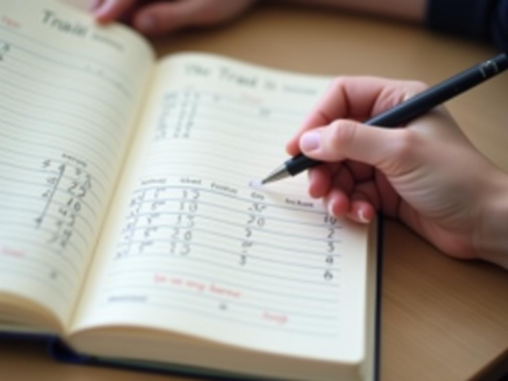 Close-up shot of a hand writing in a habit tracker journal. The journal is open to a page detailing daily habits and goals. The background is blurred to focus on the journal and hand. The image represents habit tracking, self-improvement, and personal growth.