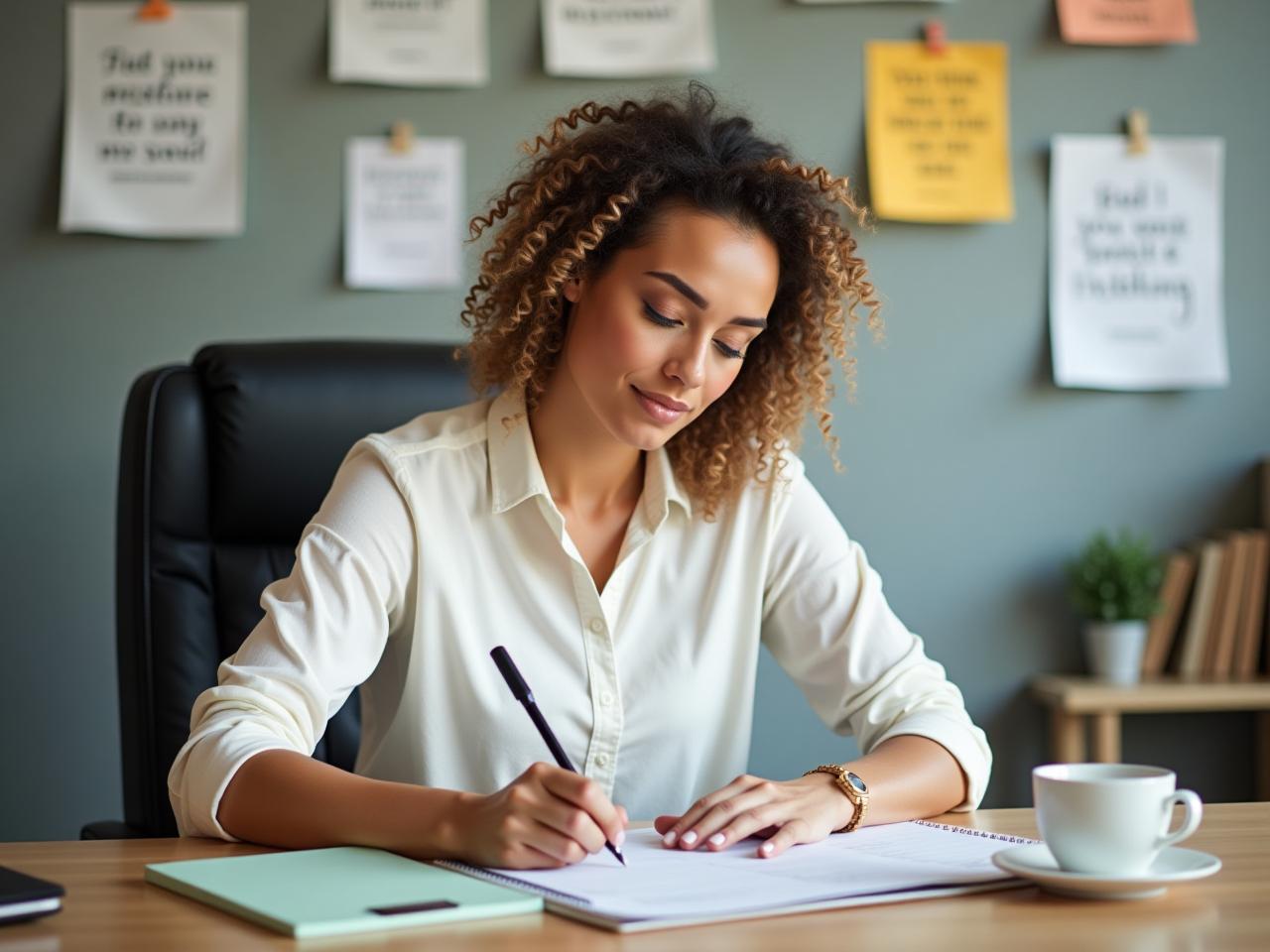 Woman sitting at desk, planning her day with a notebook and pen, surrounded by motivational quotes and a cup of coffee. The scene conveys focus, purpose, and organization.