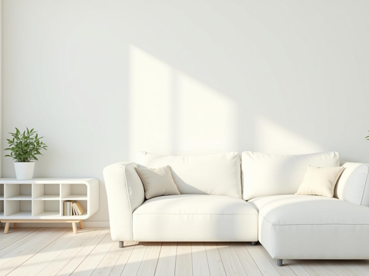 A brightly lit, minimalist living room with a few carefully selected items. A plant sits on a clean white shelf, and a comfortable-looking couch invites relaxation. The overall feeling is one of serenity and uncluttered space.