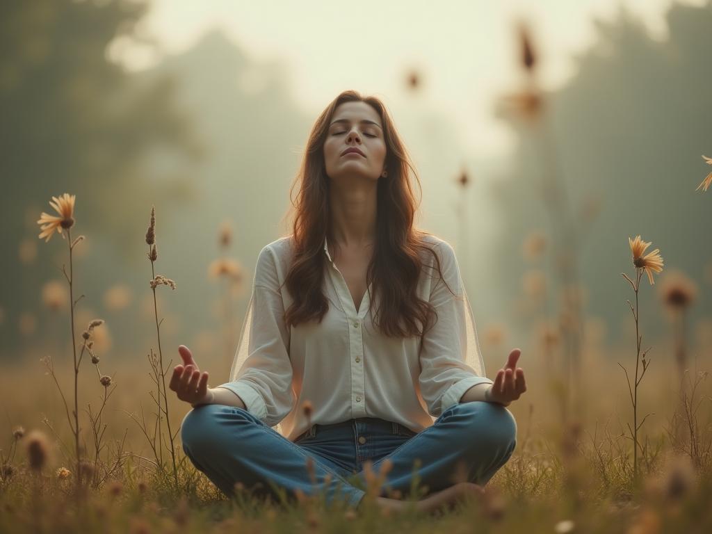 A woman sitting peacefully in nature, meditating with her eyes closed, surrounded by blurry, abstract shapes representing uncertainty. Keywords: mindfulness, uncertainty, peace, acceptance, meditation.