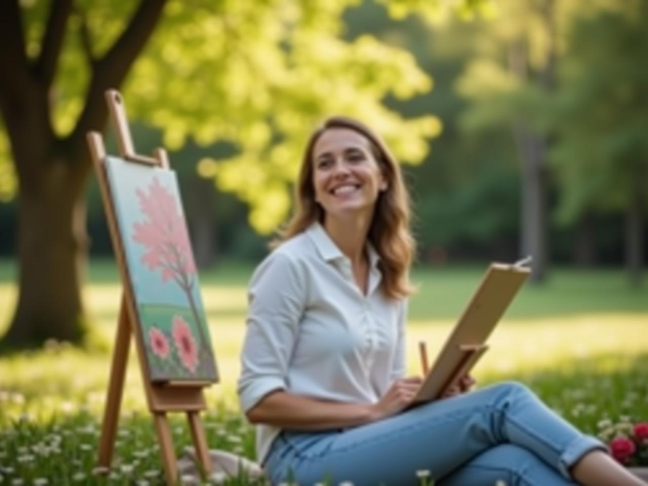 A person smiling while painting a picture in a park, surrounded by trees and flowers. The image represents finding joy in simple, free activities in nature, embodying the concept of economic minimalism and hobbies without cost.