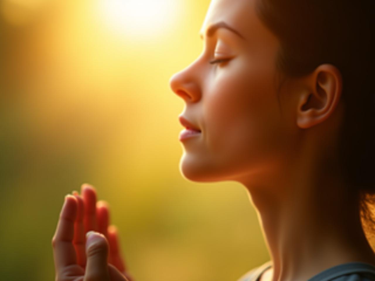Close-up of a person meditating with eyes closed, focusing on their breath. Sunlight gently illuminating their face, symbolizing inner peace and self-awareness. The image represents the core concept of biofeedback and mindful awareness of ones body.