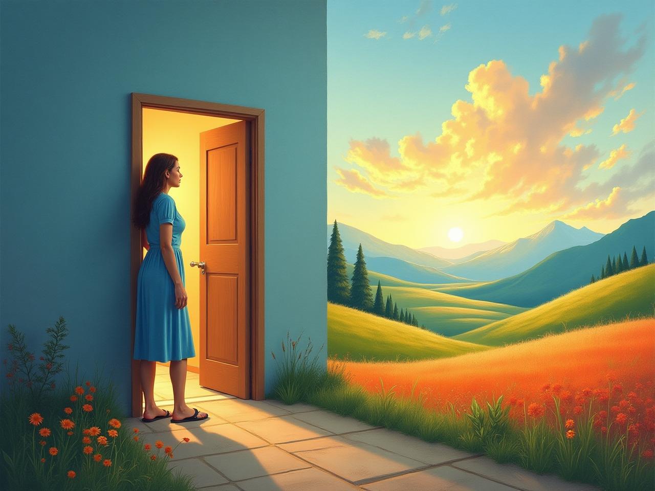 Woman stepping out of a door representing her comfort zone into a brighter, more colorful landscape. The doorframe is dull and grey, while the landscape is vibrant and full of life.