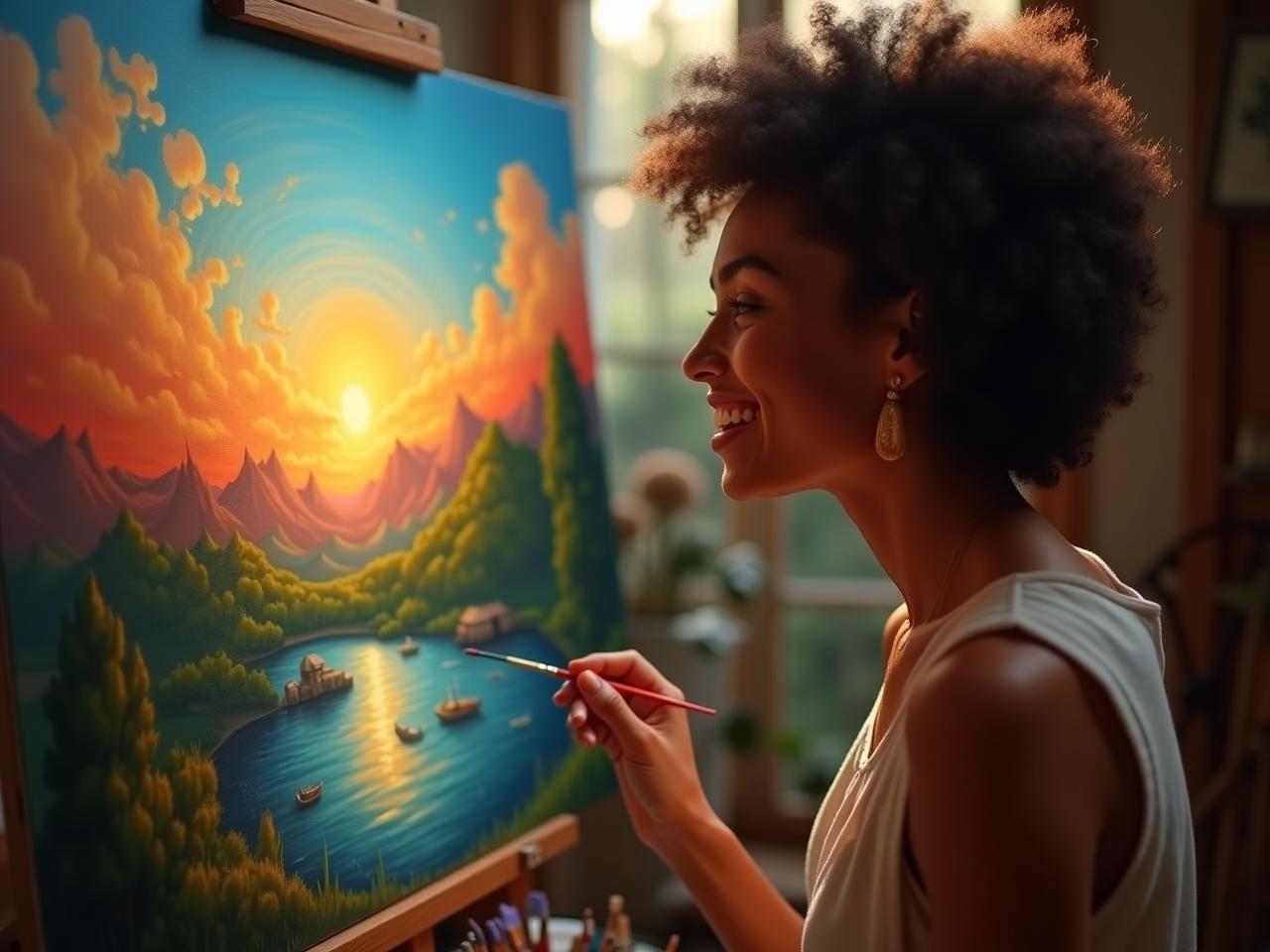A person deeply focused and smiling while painting a vibrant landscape, symbolizing the feeling of flow and immersion in an activity.