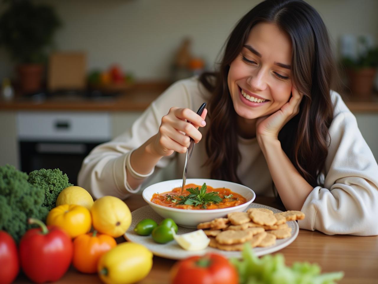A person mindfully enjoying a healthy meal, surrounded by fresh fruits and vegetables, representing intuitive eating and emotional freedom from food.
