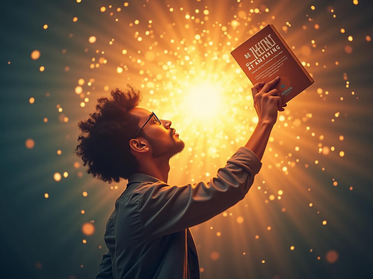A person visualizing their success, radiating energy and focus, with the book Be Excellent at Anything in the background, symbolizing the power of a driving vision.