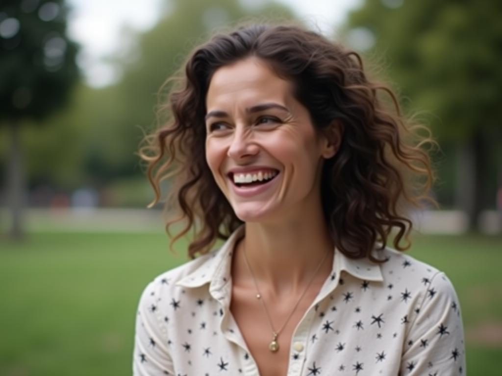 A woman smiling confidently while setting boundaries in a conversation. The background shows a peaceful park scene, symbolizing emotional freedom.