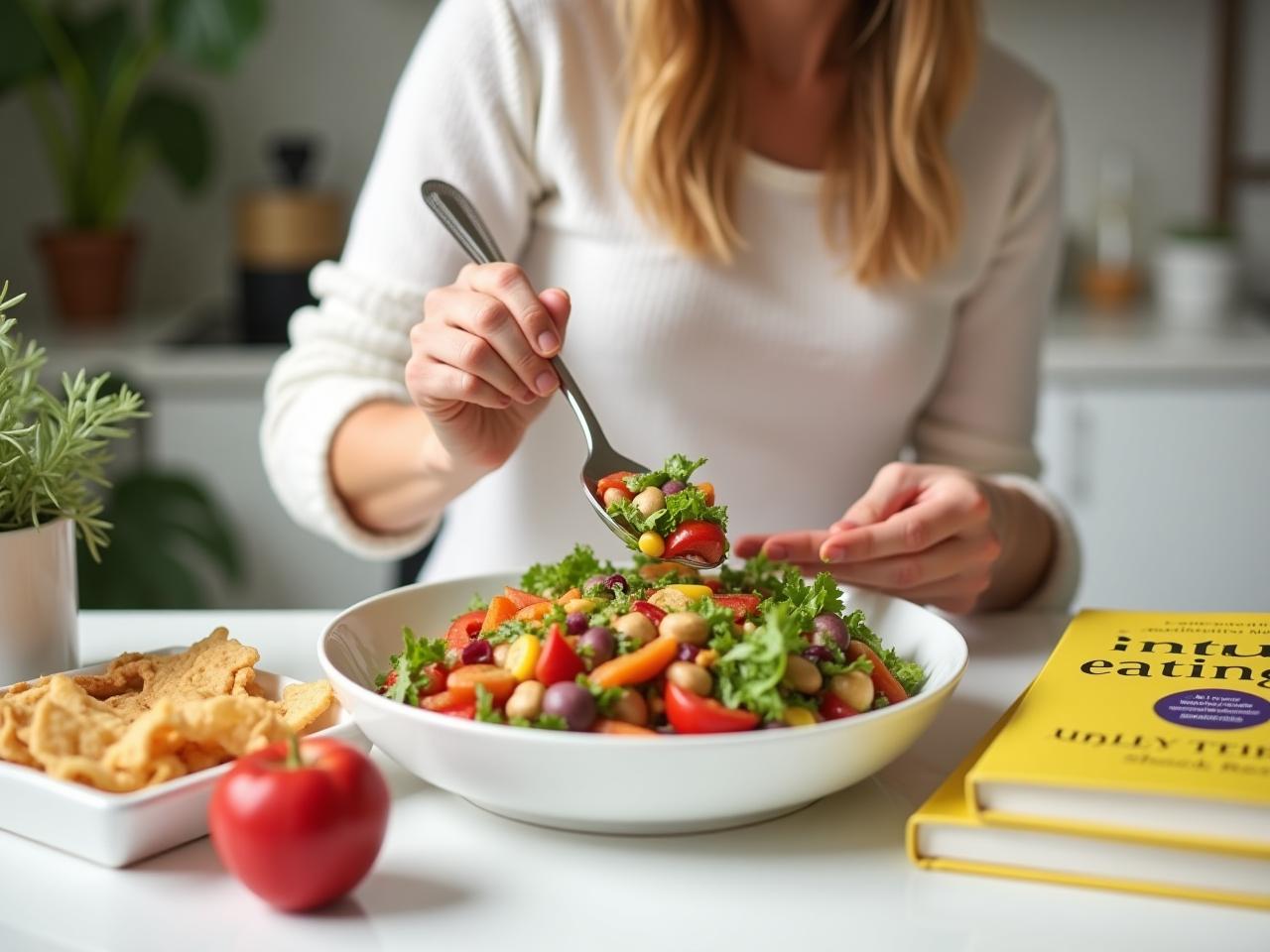 A person mindfully eating a colorful and healthy meal, focusing on the food and their bodys signals, with a copy of Intuitive Eating by Evelyn Tribole nearby. The image aims to represent the concept of mindful and intuitive eating.