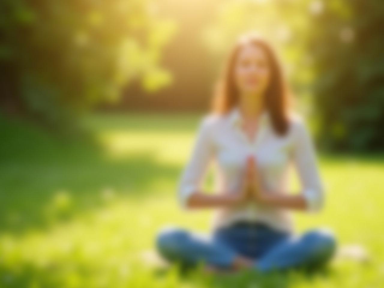 Person meditating outdoors in nature, surrounded by greenery and sunlight. Focus on peaceful expression and serene environment. Keywords: mindful meditation, gratitude practice, nature, peaceful, zen