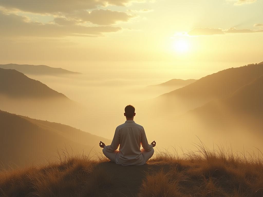A serene landscape with a person meditating in a peaceful setting, illustrating the concept of mindfulness and the beginners mind.