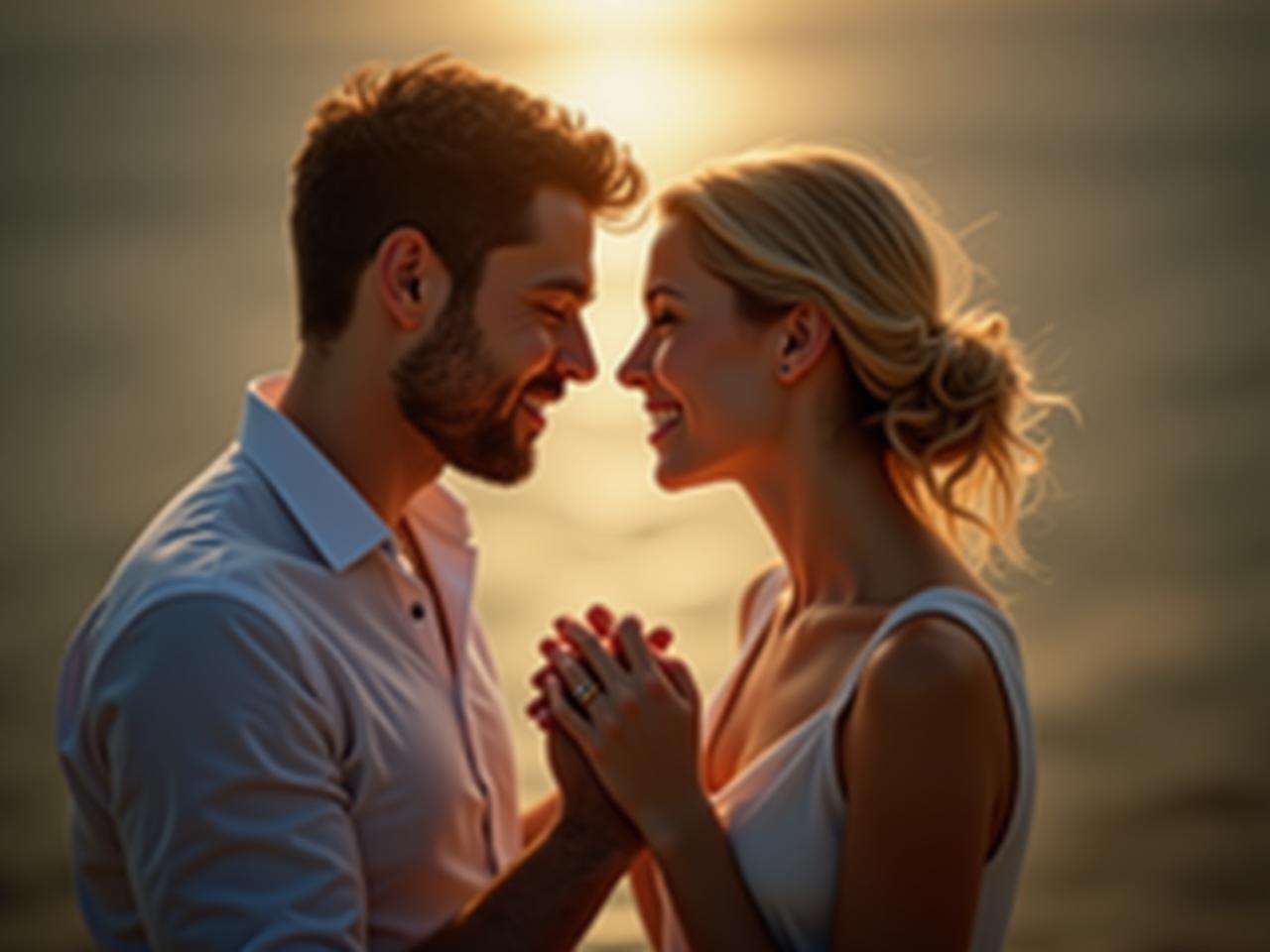 Couple holding hands intimately while looking into each others eyes, symbolizing mindful connection and emotional intimacy.