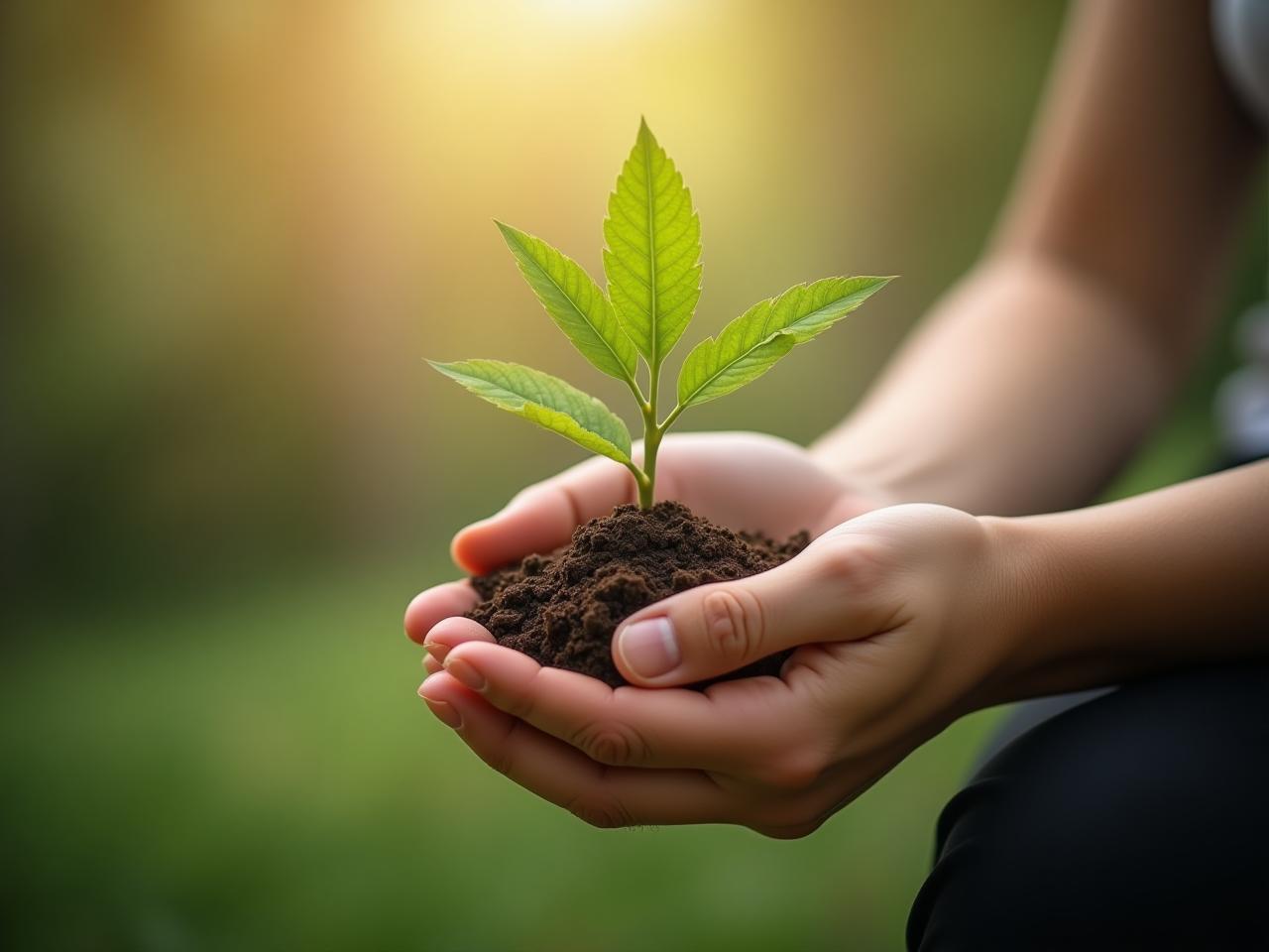 A person gently holding a sapling, symbolizing nurturing and growth, with a blurred background of supportive hands representing community and empathy, and a subtle boundary line in the distance representing healthy limits.