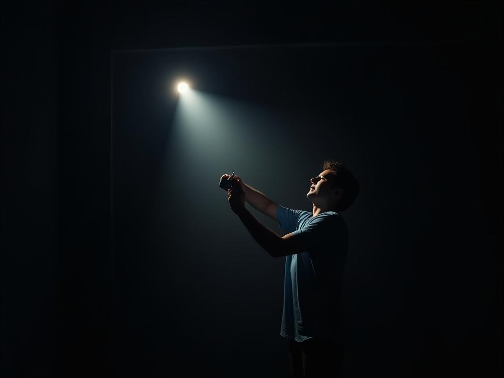 A person finding a bright spot with a flashlight in a dark room